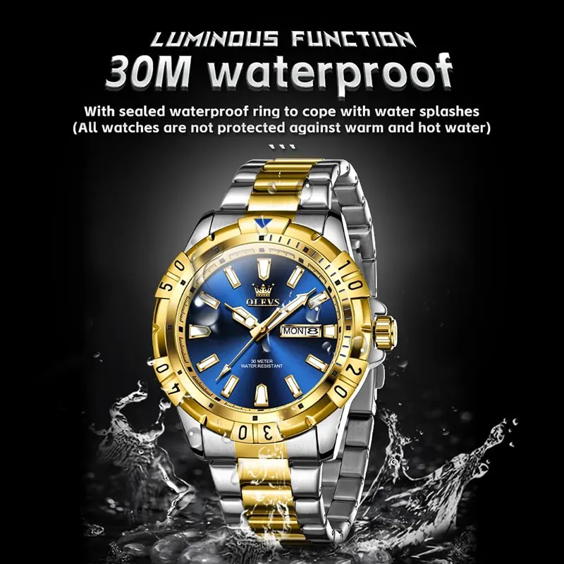 Olevs Blue Dial Two-tone Men's Watch- 5560